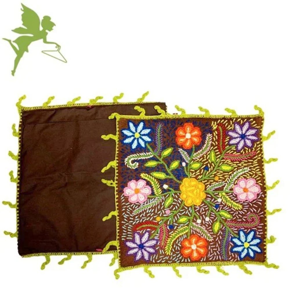 PAIR of Folk Art Crochet and Needlepoint Square Pillow Covers
